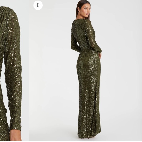 Mac Duggal Sequin Long Sleeve Faux Wrap Gown - Picture 2 of 5